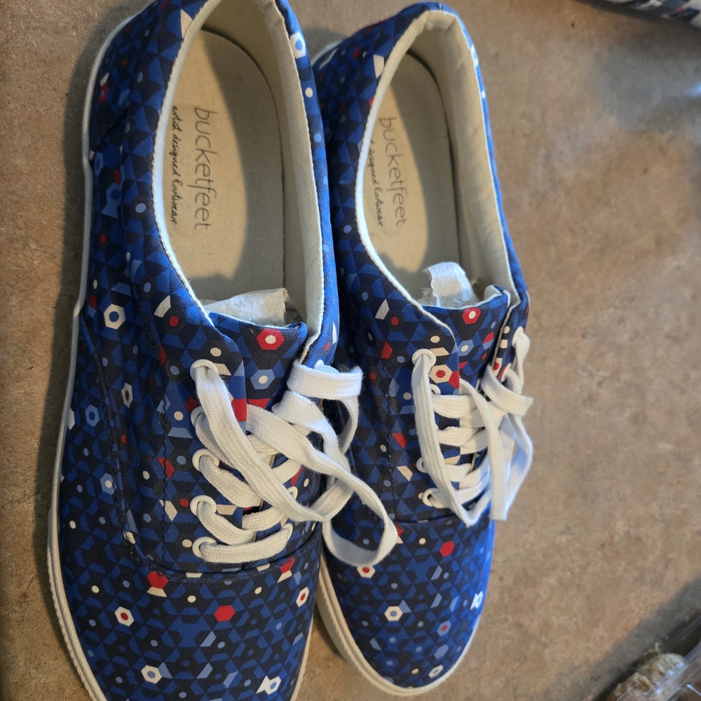 Bucketfeet Blue Geometric Pattern Sneakers with White Laces